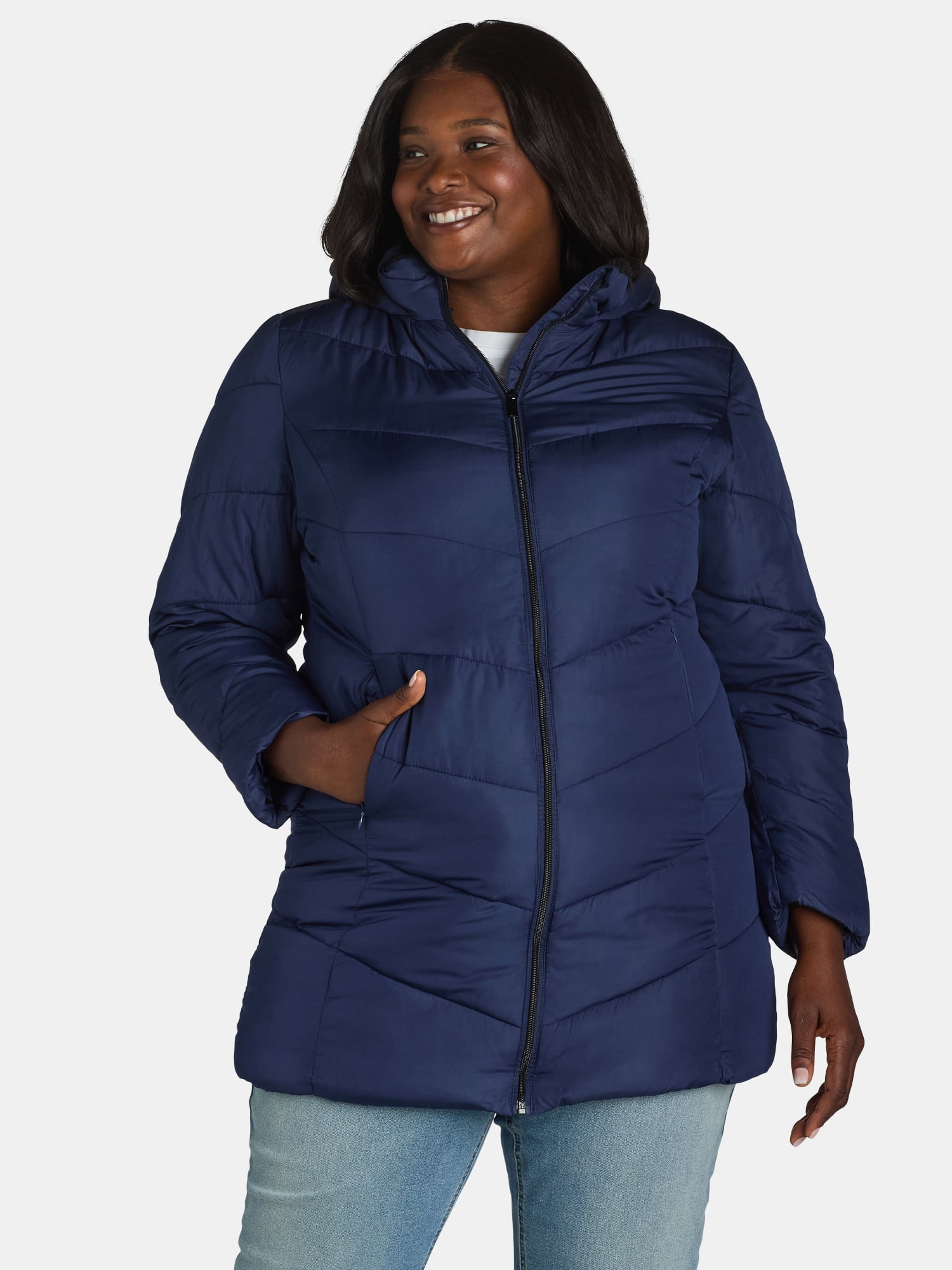 Big Chill Women's and Women's Plus Chevron Quilted Puffer Jacket with Hood, Sizes S-3X