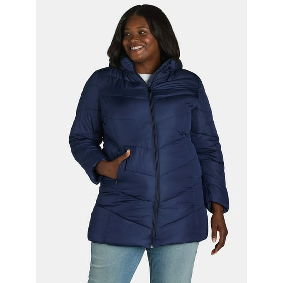 Big Chill Women's and Women's Plus Chevron Quilted Puffer Jacket with Hood, Sizes S-3X