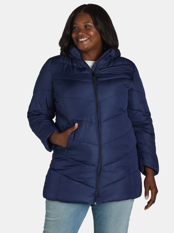 Women's and Women's Plus Chevron Quilted Puffer Jacket with Hood, Sizes S-3X
