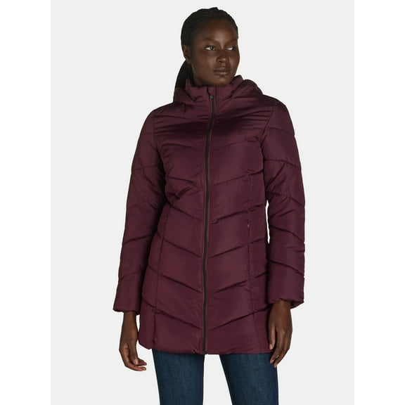 Big Chill Women's and Women's Plus Chevron Quilted Puffer Jacket with Hood, Sizes S-3X