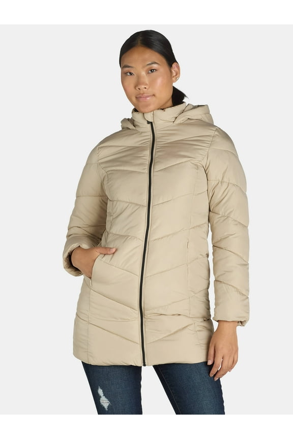 Women's and Women's Plus Chevron Quilted Puffer Jacket with Hood, Sizes S-3X