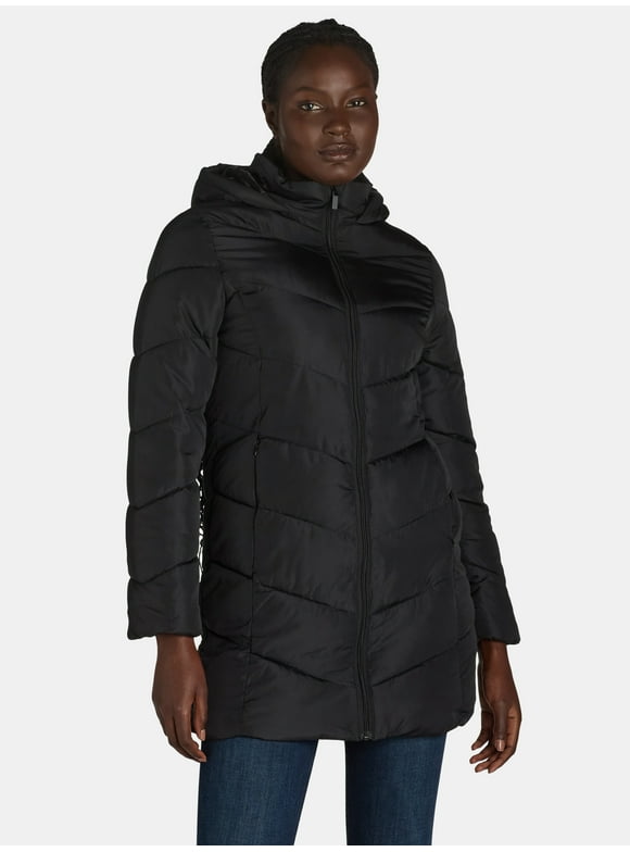 Women's and Women's Plus Chevron Quilted Puffer Jacket with Hood, Sizes S-3X