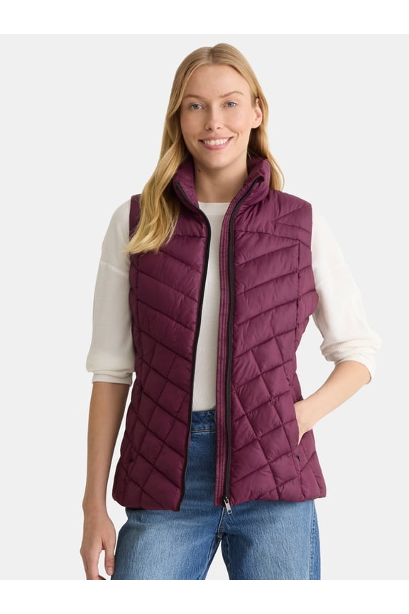 Women's and Women's Plus Chevron Quilted Puffer Vest, Midweight, Sizes S-3X