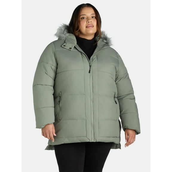Big Chill Women's and Women's Plus Wide Quilted Puffer Coat with Faux Fur Trim Hood, Sizes S-3X