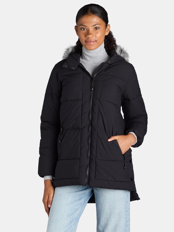 Women's and Women's Plus Wide Quilted Puffer Coat with Faux Fur Trim Hood, Sizes S-3X