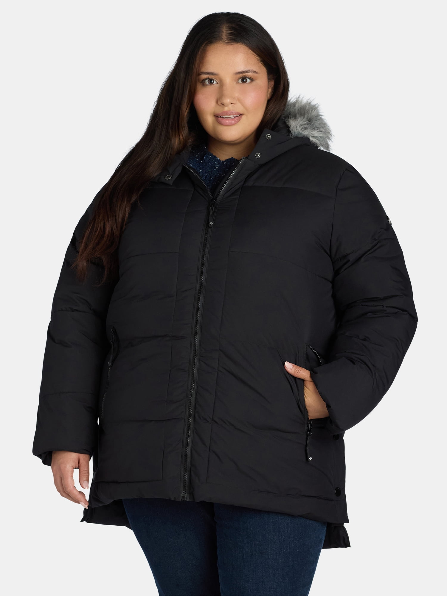 Big Chill Women's and Women's Plus Wide Quilted Puffer Coat with Faux Fur Trim Hood, Sizes S-3X