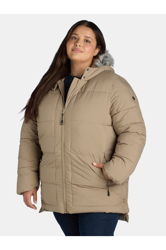 Women's and Women's Plus Wide Quilted Puffer Coat with Faux Fur Trim Hood, Sizes S-3X