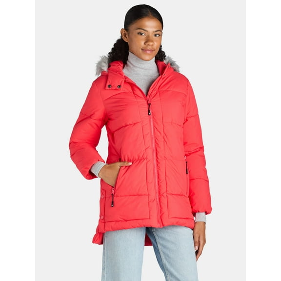 Big Chill Women's and Women's Plus Wide Quilted Puffer Coat with Faux Fur Trim Hood, Sizes S-3X