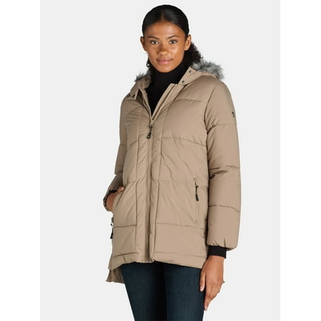 Big Chill Women's and Women's Plus Wide Quilted Puffer Coat with Faux Fur Trim Hood, Sizes S-3X
