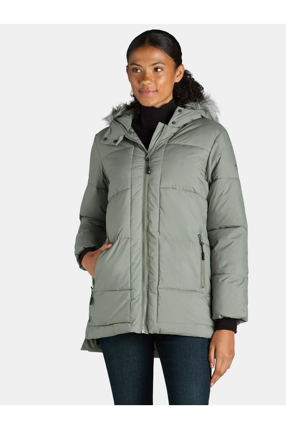 Women's and Women's Plus Wide Quilted Puffer Coat with Faux Fur Trim Hood, Sizes S-3X