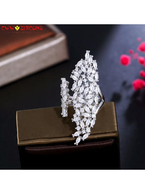 Big Chunky Cubic Zirconia CZ Crystal Leaf Long Finger Ring Dancing Party Jewelry