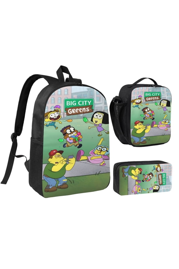 Big City Greens Laptop Backpack 3 Piece Set with Lunch Box And Pencil Case, 3D Printed Lightweight High-capacity Bookbag Fashion Bento Backpack