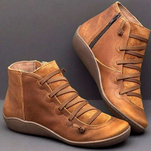 Big Clearance! Juebong Women Casual Flat Leather Retro Lace-Up Boots Side Zipper Plus Shoe Boots