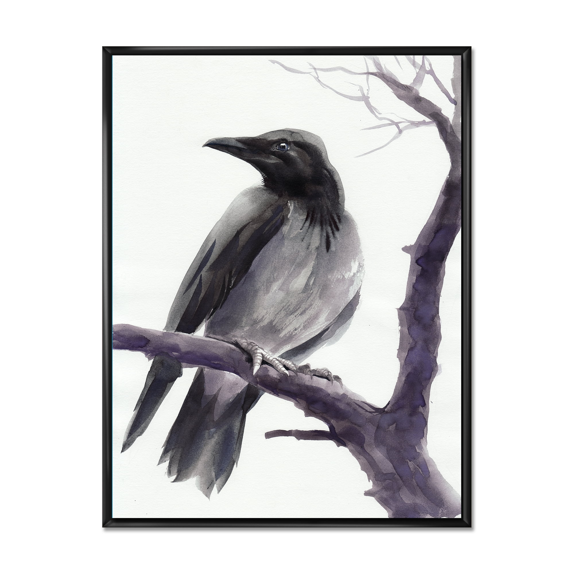 Big Crow Sitting On A Branch 24 in x 32 in Framed Painting Canvas Art Print, by Designart
