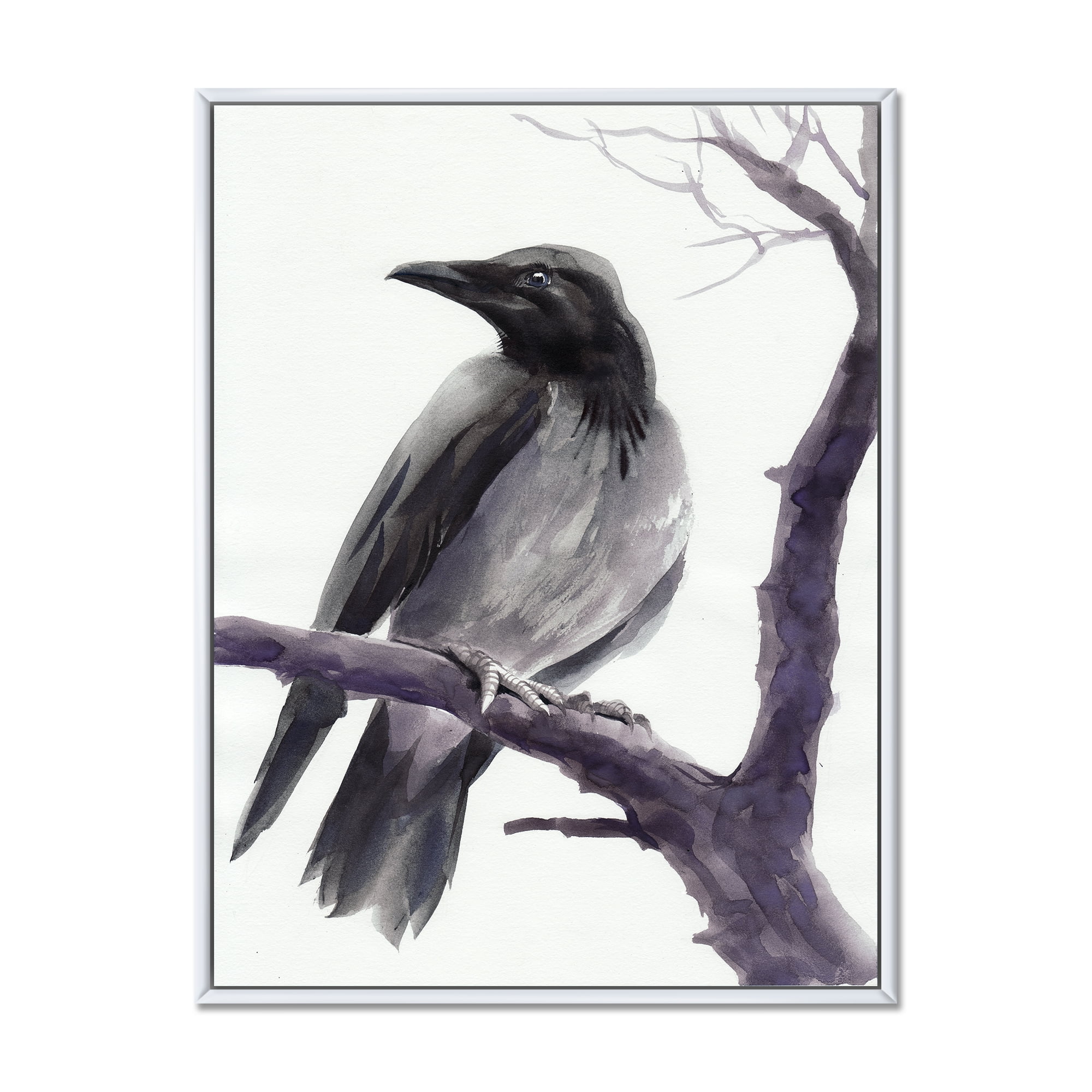Big Crow Sitting On A Branch 30 in x 40 in Framed Painting Canvas Art Print, by Designart