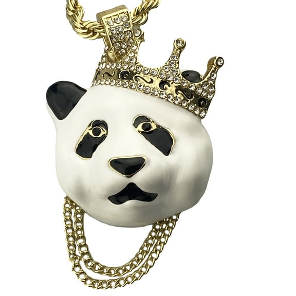 Big Crown Panda Rope Chain White Bear Pendant Gold Finish Hip Hop Necklace 30" Inch x 5 MM Thick