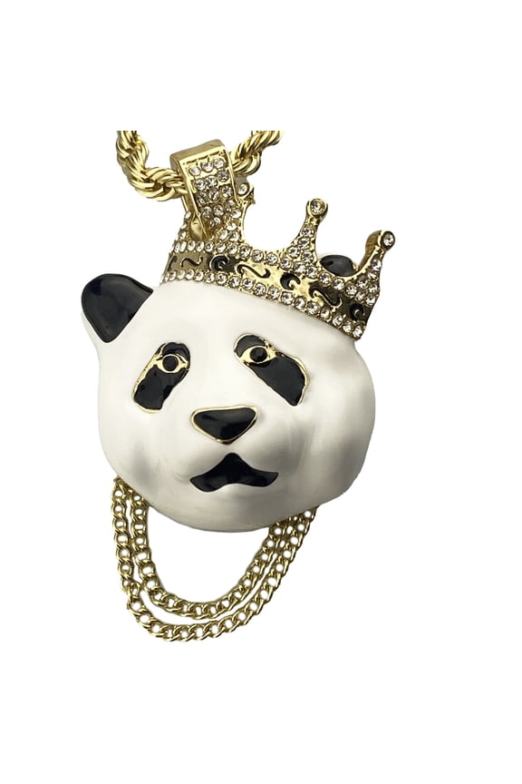 Big Crown Panda Rope Chain White Bear Pendant Gold Finish Hip Hop Necklace 30" Inch x 5 MM Thick