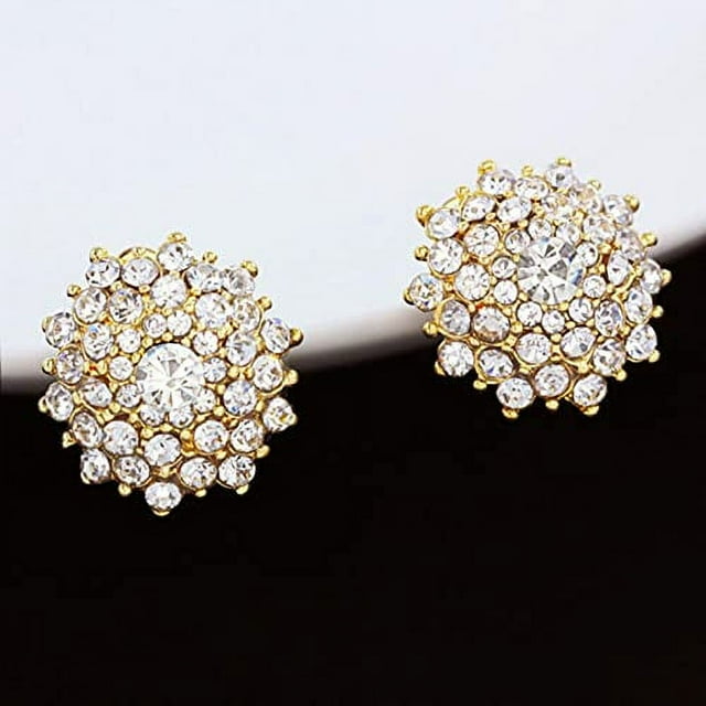 Big Crystal Gold Clip Earrings Without Piercing Round Clip On Earrings ...