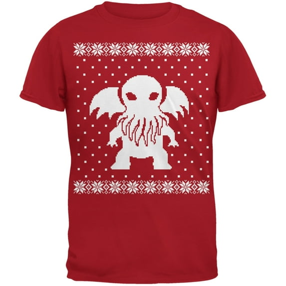 Big Cthulhu Lovecraft Ugly Christmas Sweater Red Adult T-Shirt - X-Large