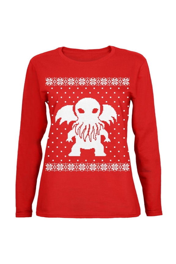 Big Cthulhu Lovecraft Ugly Christmas Sweater Womens Long Sleeve T Shirt Red LG