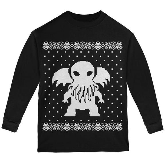 Big Cthulhu Ugly Christmas Sweater Black Youth Long Sleeve T-Shirt - Youth Small