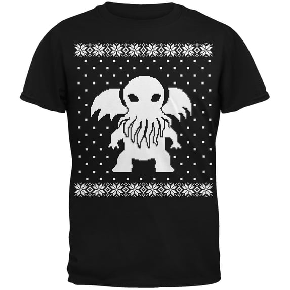 Big Cthulhu Ugly Lovecraft Christmas Sweater Black Adult T-Shirt - Large