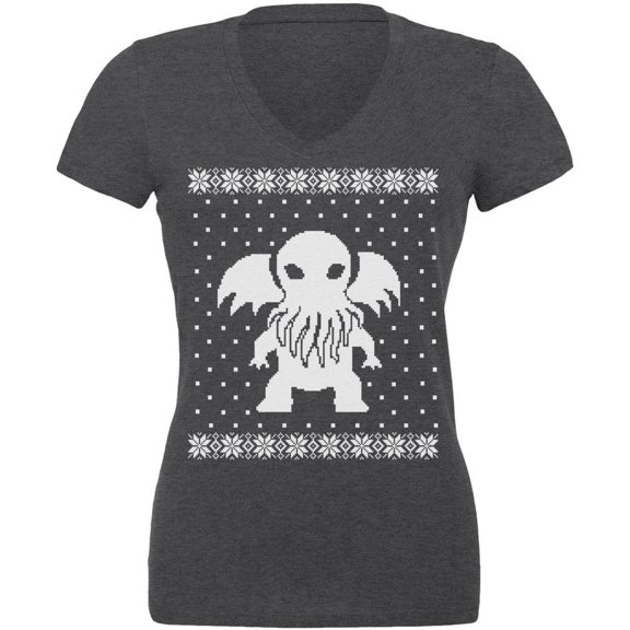 Big Cthulhu Ugly Lovecraft Christmas Sweater Dark Heather Juniors V-Neck T-Shirt - Medium