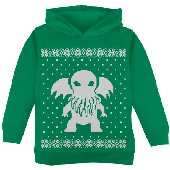 Big Cthulhu Ugly Lovecraft Christmas Sweater Green Toddler Hoodie - 2T