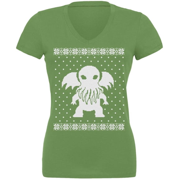 Big Cthulhu Ugly Lovecraft Christmas Sweater Leaf Juniors V-Neck T-Shirt - Small