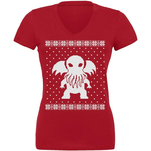 Big Cthulhu Ugly Lovecraft Christmas Sweater Red Juniors V-Neck T-Shirt - Small
