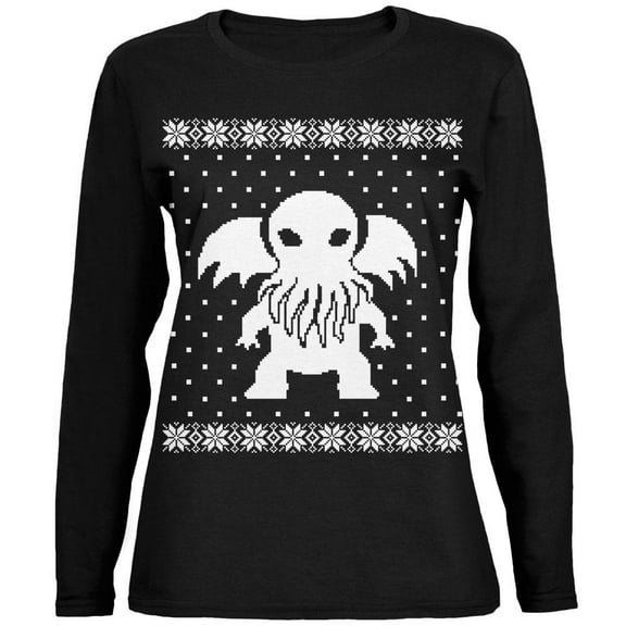 Big Cthulhu Ugly XMAS Sweater Black Womens Long Sleeve T-Shirt - X-Large