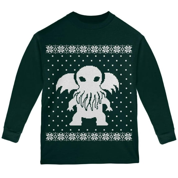 Big Cthulhu Ugly XMAS Sweater Forest Youth Long Sleeve T-Shirt - Small
