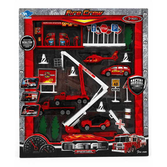 Big Daddy 26-Piece Fire Rescue Action Playset Includes Toy Fire Trucks, Helicopter & Scenery Pieces