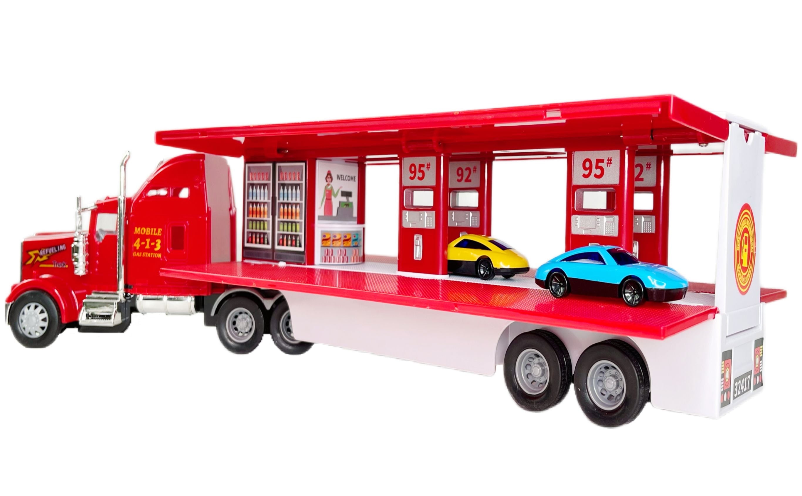 Big Daddy Big Rig Semi Toy Truck Pop Open Playset with Gas Station, Vending Machine & 2 Mini Race Cars