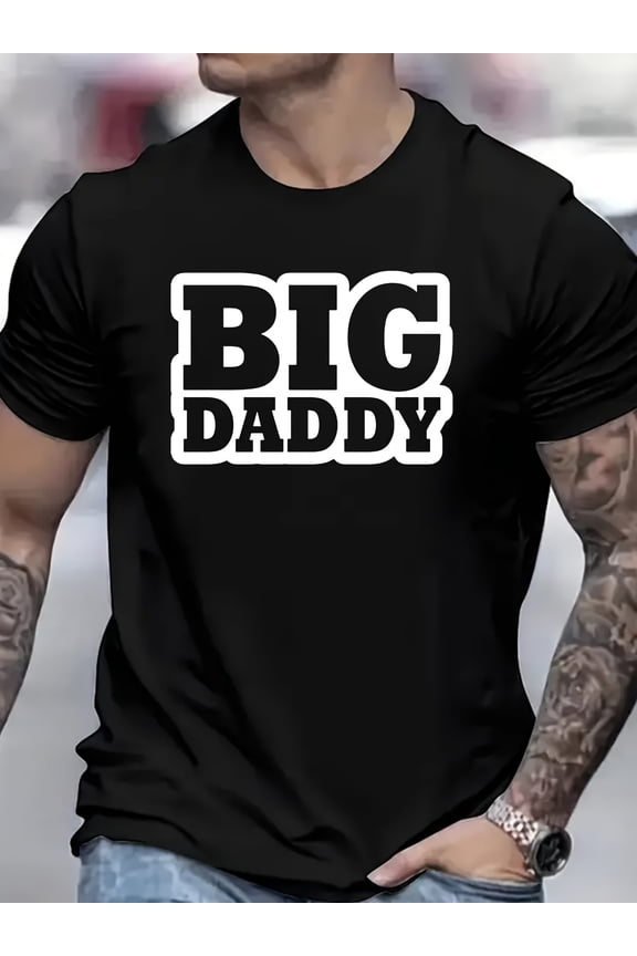 Big Daddy Graphic Men'S Casual T-Shirt - Round Neck, Short Sleeve, Black with White Letter Print, Lightweight & Breathable for Everyday Wear, T-Shirts, Plus Size