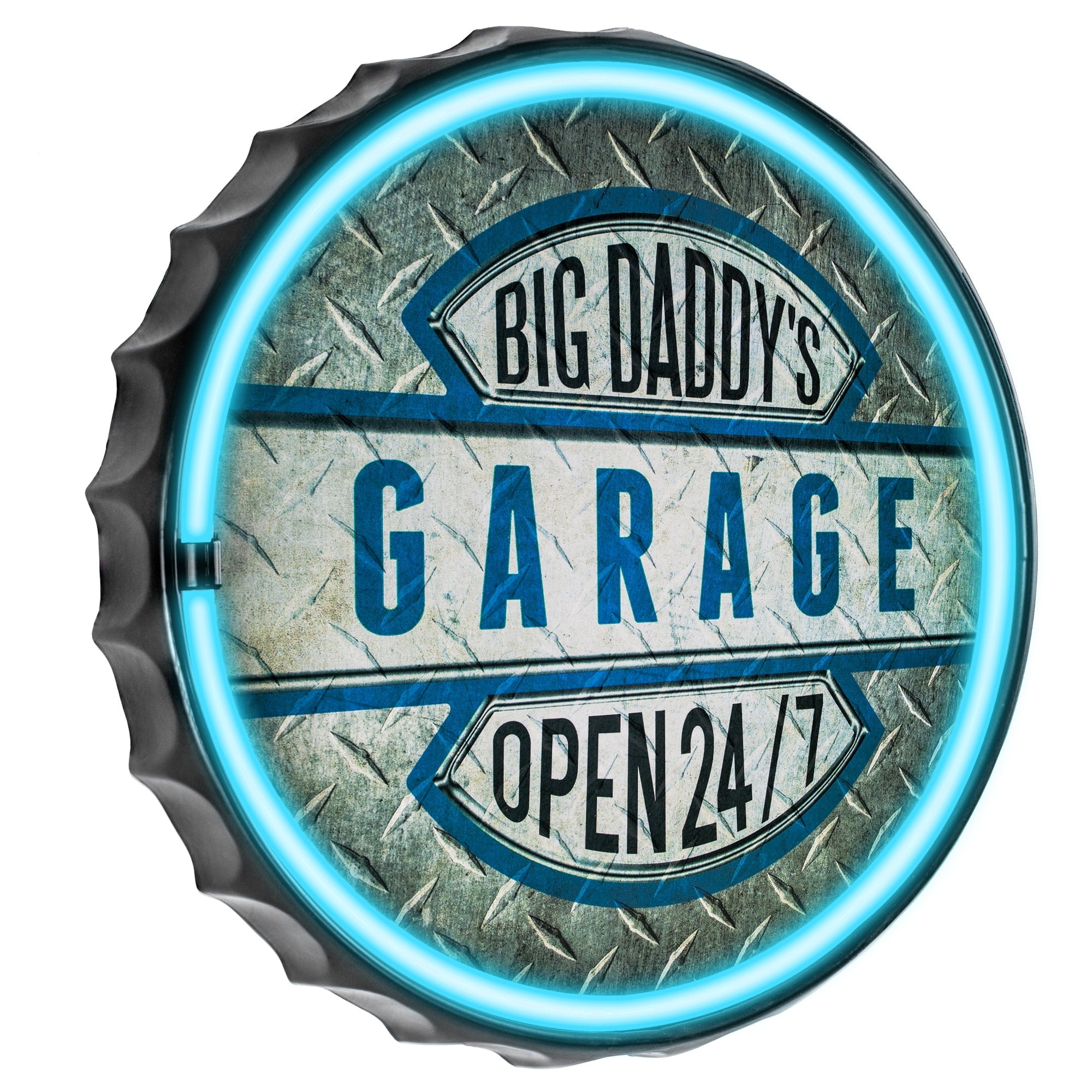Big Daddy's Garage Blue and Silver Metal LED Sign