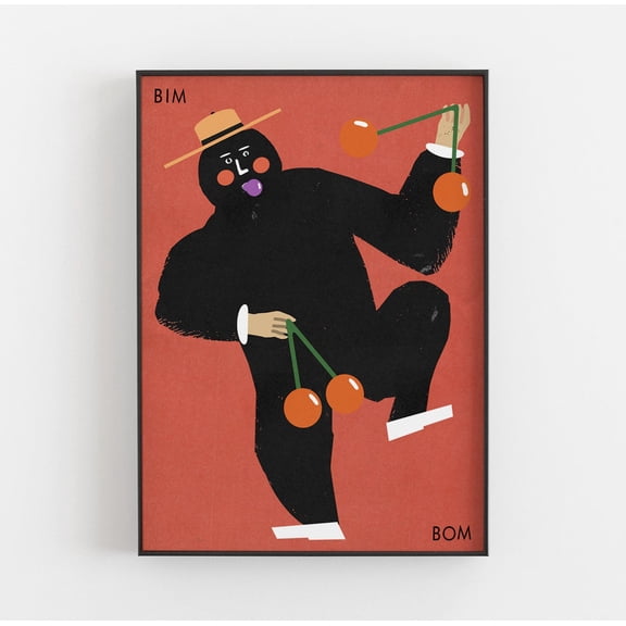 Big Dancing Man Holding Tiki Tiki, Original Polish Poster, Art, Plakat, Dance, Dog, Red, Vintage, Burgundy, B2, 50X70 Wall Art, Modern Wall Decor, 8x12 UNFRAMED