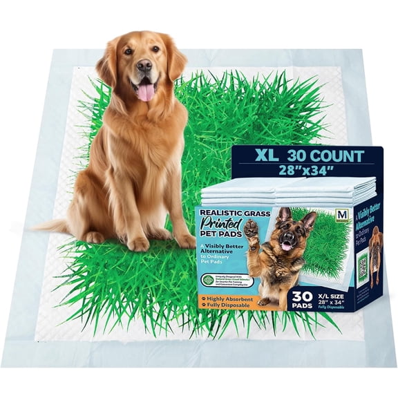 Big Dawg Pet Supplies XL Realistic Grass Printed Disposable Pet Pads. 28x34in Puppy Pee Pads for Dogs, Cats & Small Animal Wee in Handy Grab-n-Go Box. Absorbent Potty Training, Housebreaking Supplies