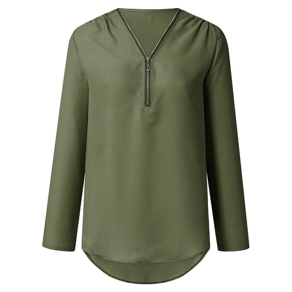 HWRETIE Women Zipper Button Long Sleeves Loose Chiffon Shirt Clothing,Army Green 12(2Xl)