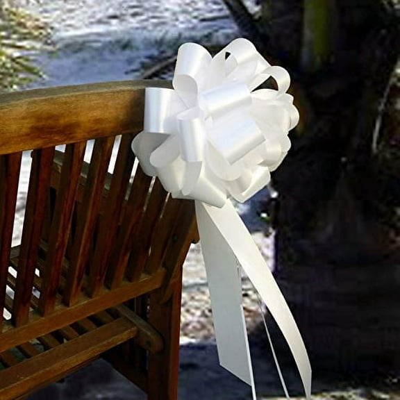Big Decorative White Ribbon Pull Bows with Tails - 9" Wide, Set of 6, Wedding, Reception, 4th of July, Christmas