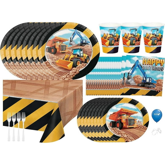 Big Dig Construction Birthday Party Supplies | Construction Tableware | Construction Plates | Construction Napkins | Construction Table Cover | Construction Cups - Serves 8
