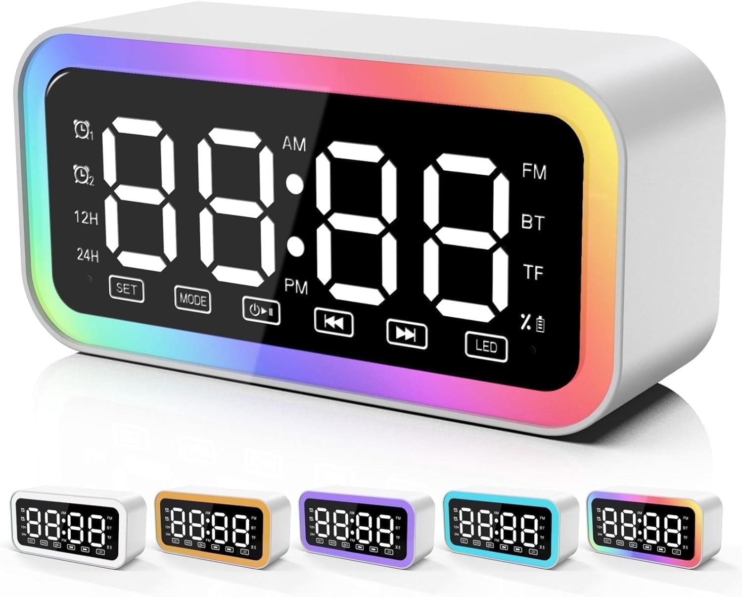 Big Digital Dual Alarm Clock, Bluetooth Speaker with HIFI Stereo, Compact Clock for Bedroom, Colorful LED Lights, USB Charger, LED Display Digital Alarm Clock for Teens Girls Boys (White)