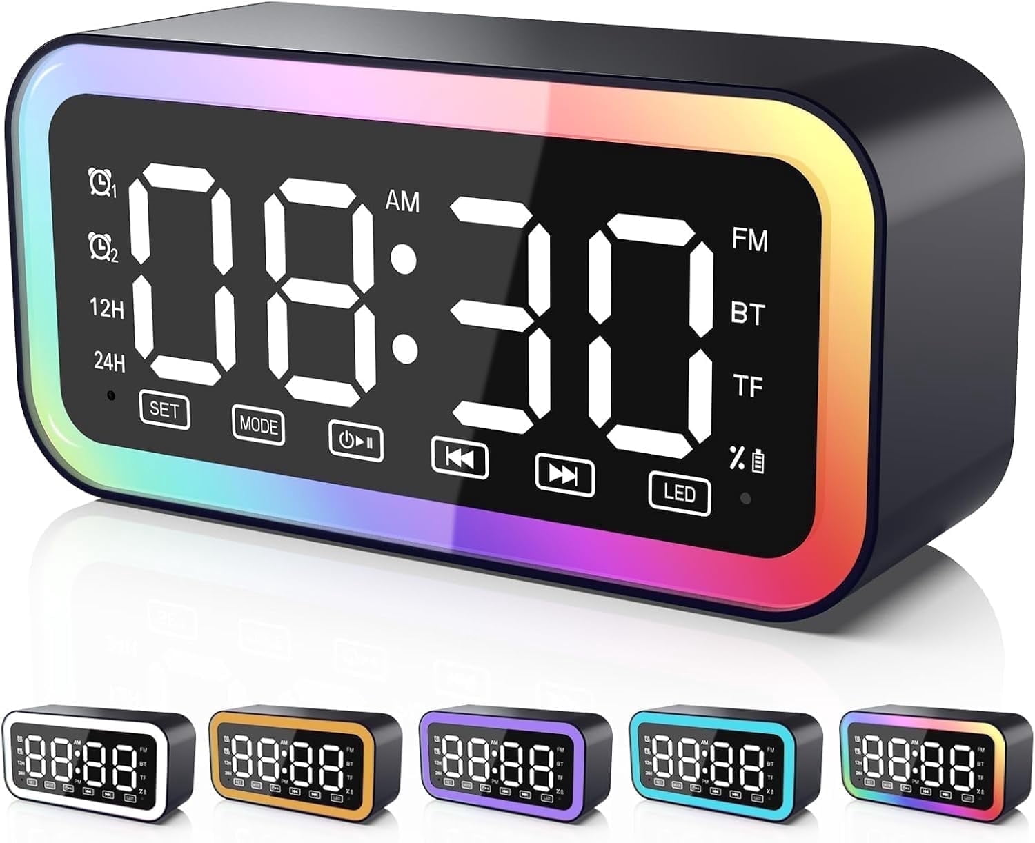 Alarm Clock with Bluetooth Speaker for Heavy Sleepers, Radio Digital Clock for Bedroom, Colorful LED Lights, USB Charger, LED Display Digital Alarm Clock for Christmas Teens Girls Boys (Black)