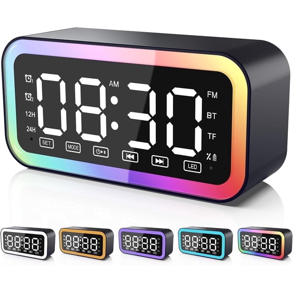 Alarm Clock with Bluetooth Speaker for Heavy Sleepers, Radio Digital Clock for Bedroom, Colorful LED Lights, USB Charger, LED Display Digital Alarm Clock for Christmas Teens Girls Boys (Black)