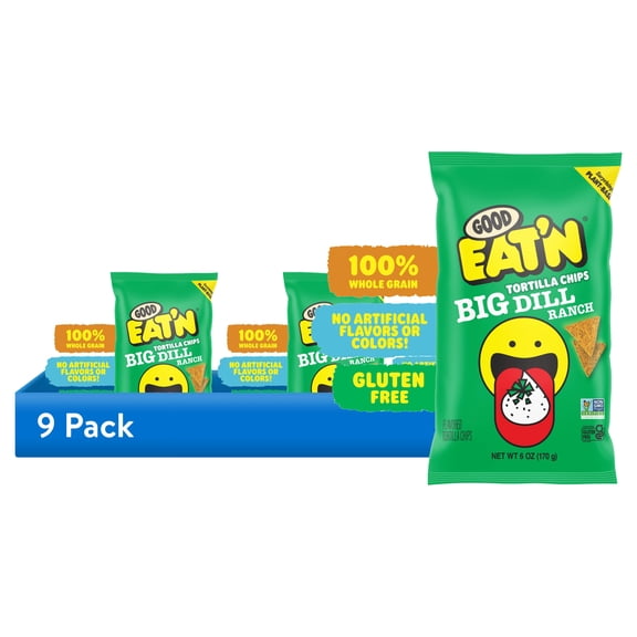 (9 pack) Good Eat'n Big Dill Ranch Tortilla Chips, Non-GMO Corn Snack, Gluten-Free, Vegan, 6oz