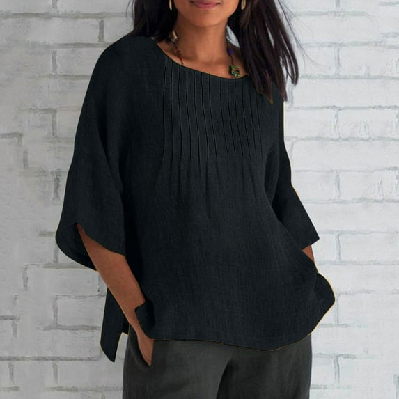Big Discount! Linen Shirts for Women,Linen Tops for Women,Women's Pleated Summer Shirt 3/4 Length Sleeve Loose Round Neck Imitation Cotton Linen Blouse Casual Comfortable Top