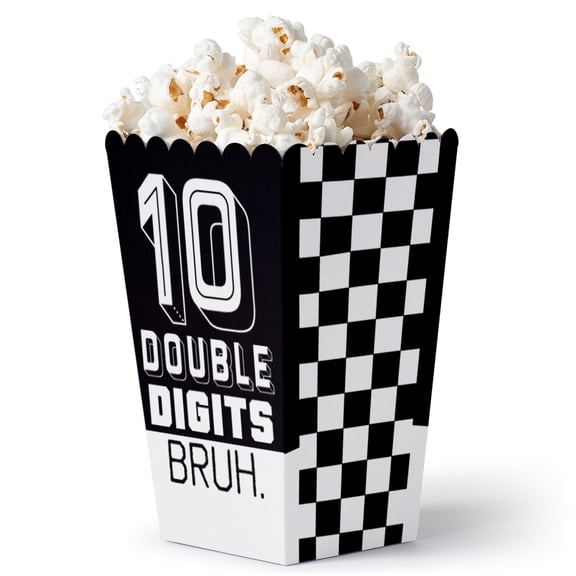 Big Dot of Happiness 10th Birthday Bruh Popcorn Boxes, Black & White Double Digits Bruh Favor Paper Containers, Boy Birthday Party Treat Boxes - Set of 12