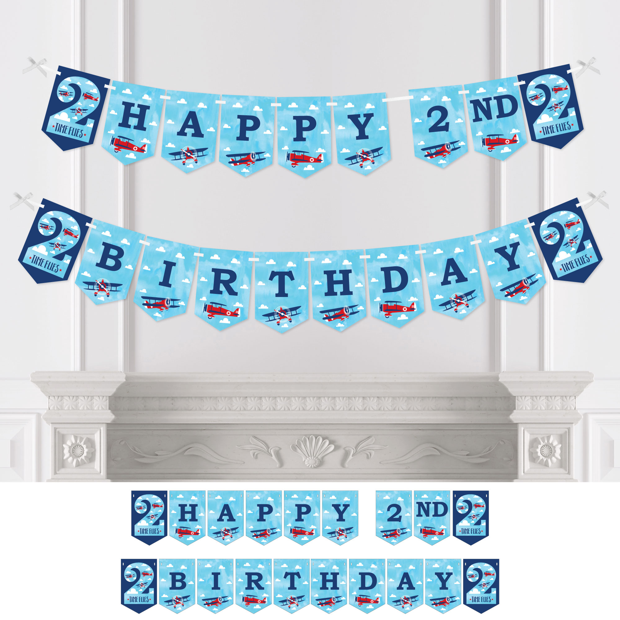 Big Dot of Happiness 2nd Birthday Taking Flight - Airplane - Vintage Plane Second Birthday Party Bunting Banner Party Decorations - Happy 2nd Birthday