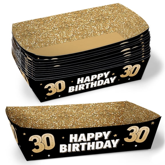 Big Dot of Happiness 30th Birthday Party Paper Food Trays, Disposable Food Boats, Black & Gold Adult Birthday, Picnic, BBQ, Double-Sided Paper Meal Holders for Nachos, Hot Dogs, French Fries - 12 Ct