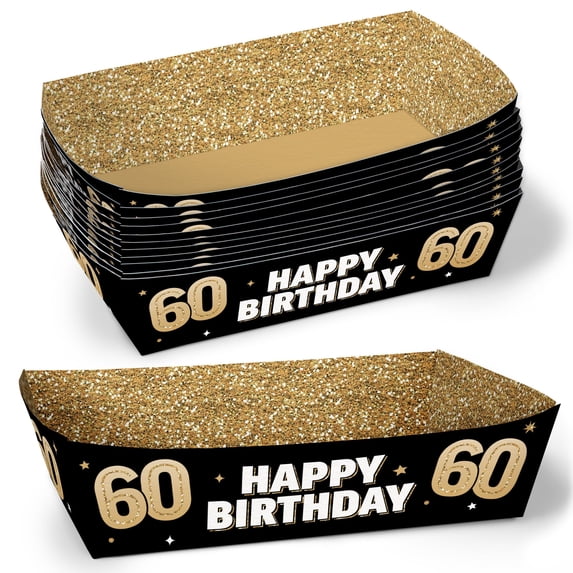 Big Dot of Happiness 60th Birthday Party Paper Food Trays, Disposable Food Boats, Black & Gold Adult Birthday, Picnic, BBQ, Double-Sided Paper Meal Holders for Nachos, Hot Dogs, French Fries - 12 Ct